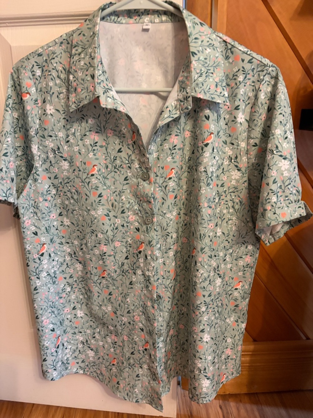 Womens Short Sleeve Floral Bird Print Shirt Blouse Sage Green